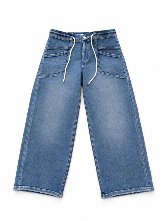 Vervet Denim - Relaxed Wide-Leg Drawstring Jeans in Mid Blue
